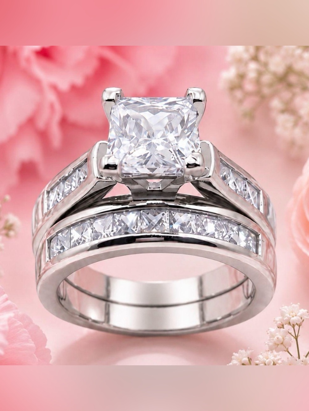 NWT 2ct Princess Cut Wedding Ring Set Stainless Steel Sz 7.5